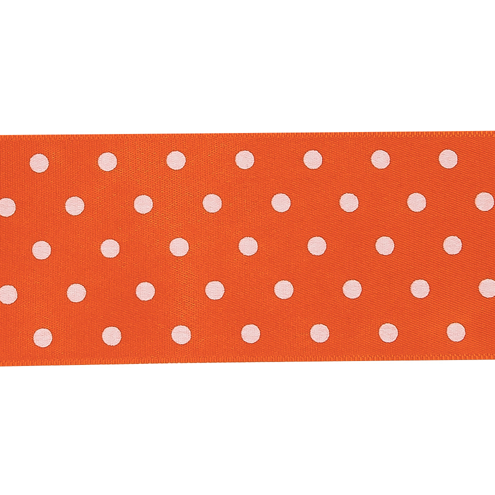 Carrot and Bright White Polka Dots Satin Ribbon - 1.5" Detail