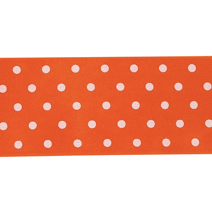 Carrot and Bright White Polka Dots Satin Ribbon - 1.5" Detail