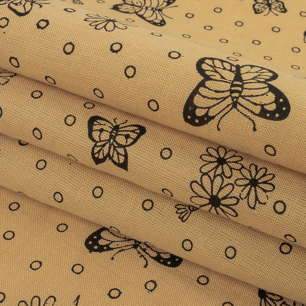 Cream and Black Butterfly Printed Linen Woven Folded