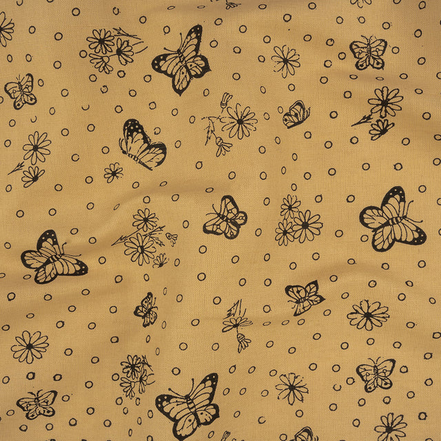 Cream and Black Butterfly Printed Linen Woven