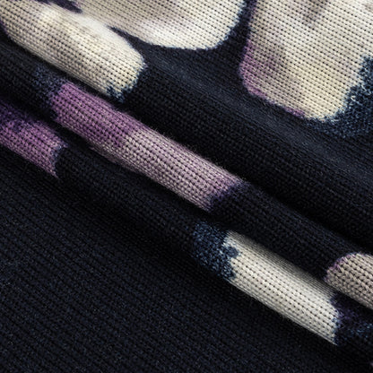 Navy, White and Purple Floral Stretch Polyester Sweater Knit Folded