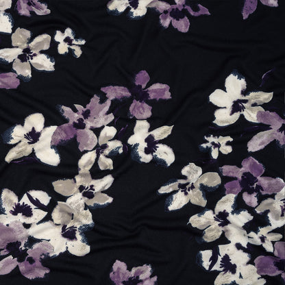 Navy, White and Purple Floral Stretch Polyester Sweater Knit