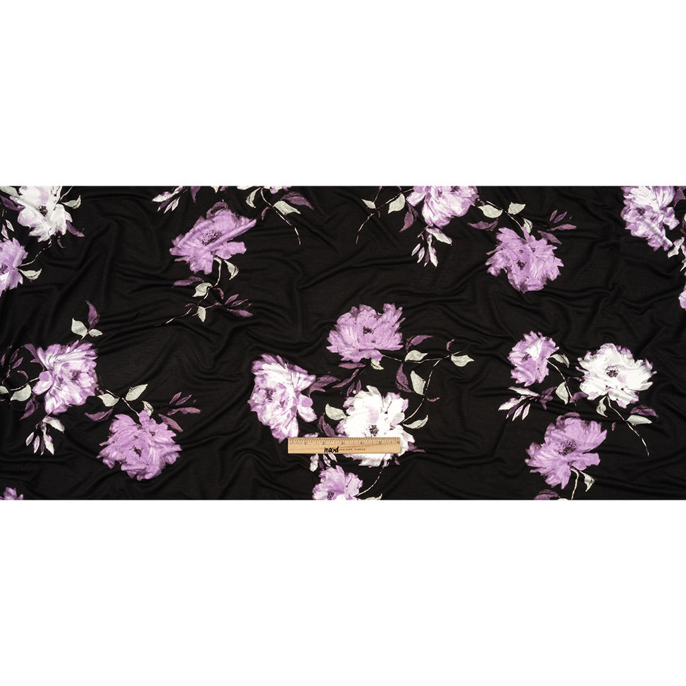 1 Yard of Black and English Lavender Floral Stretch Rayon Jersey Full