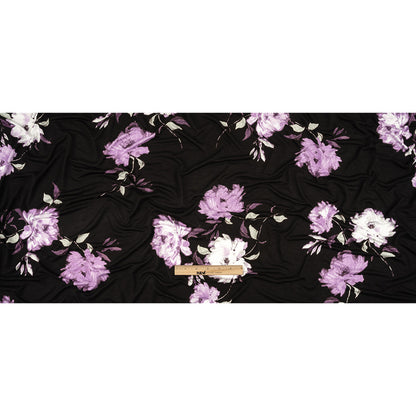 1 Yard of Black and English Lavender Floral Stretch Rayon Jersey Full