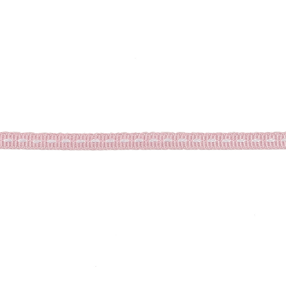 Baby Pink Grosgrain Ribbon with Lucent White Stitching - 0.25" Detail