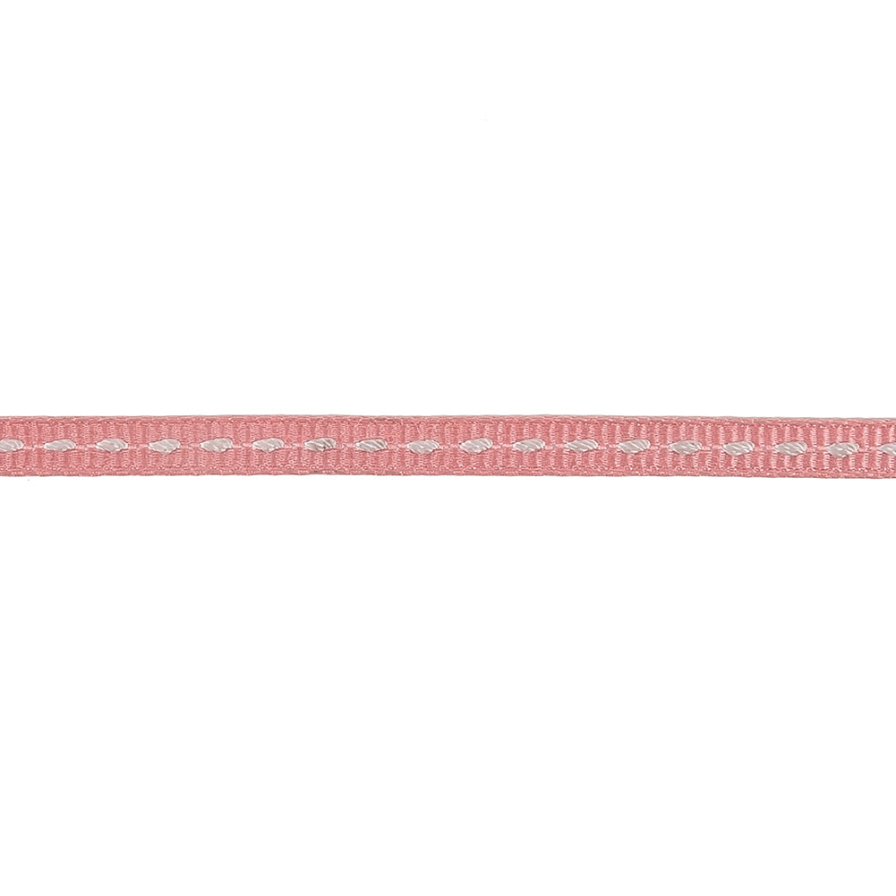 Coral Pink Grosgrain Ribbon with Lucent White Stitching - 0.25" Detail