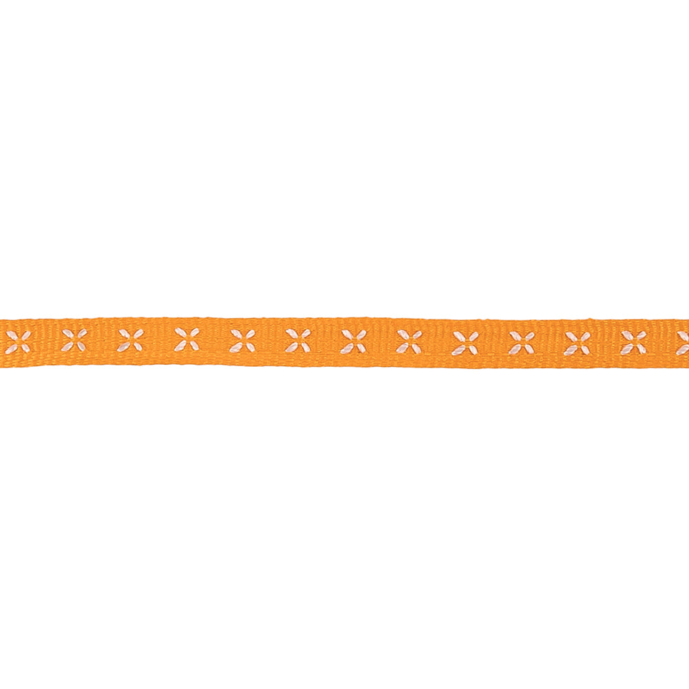 Mango Grosgrain Ribbon with Blanc de Blanc Stitched Flowers - 0.25" Detail