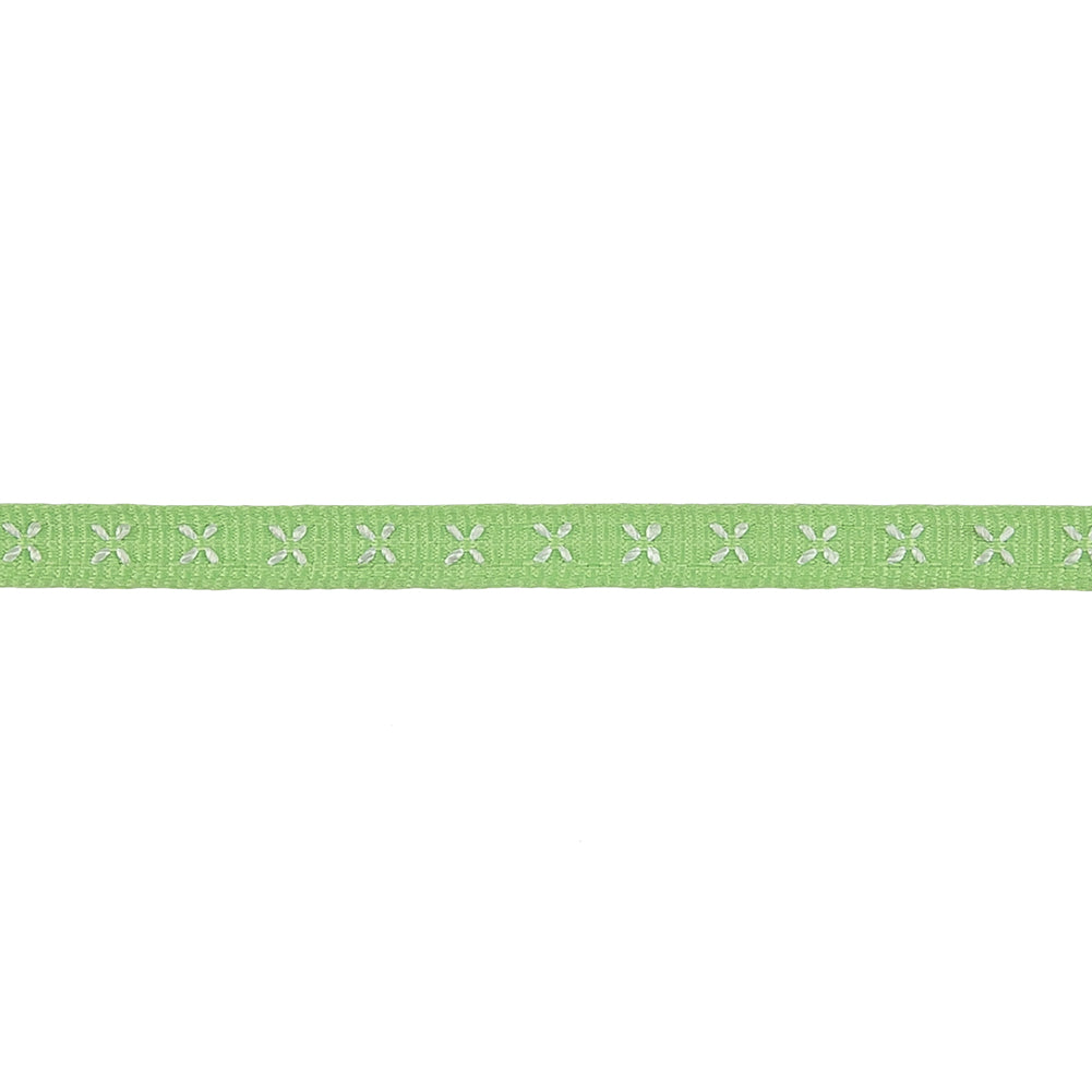 Spring Green Grosgrain Ribbon with Blanc de Blanc Stitched Flowers - 0.25" Detail