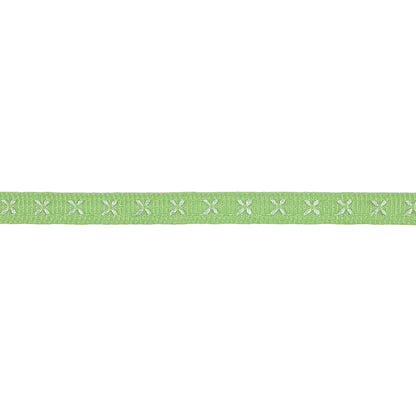 Spring Green Grosgrain Ribbon with Blanc de Blanc Stitched Flowers - 0.25" Detail