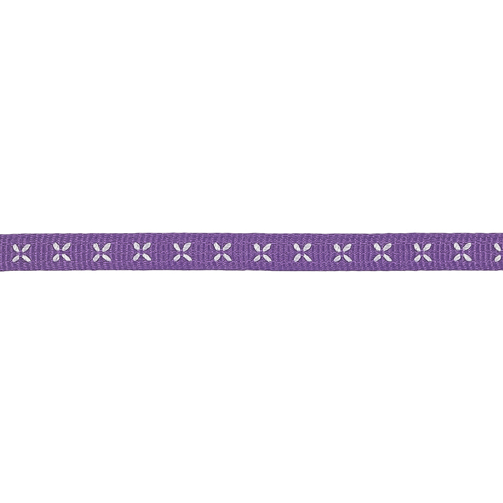 Purple Grosgrain Ribbon with Blanc de Blanc Stitched Flowers - 0.25" Detail