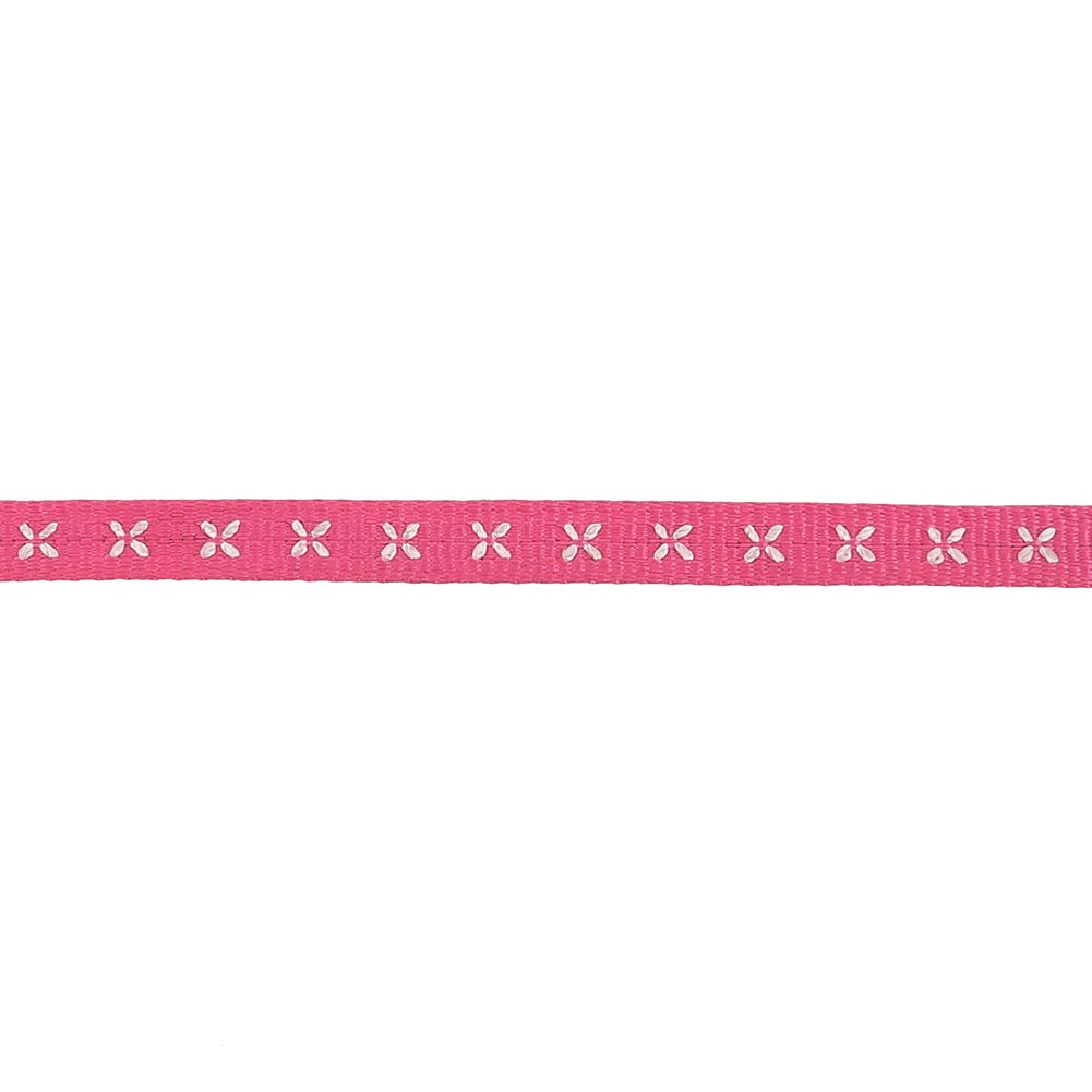Pink Grosgrain Ribbon with Blanc de Blanc Stitched Flowers - 0.25" Detail