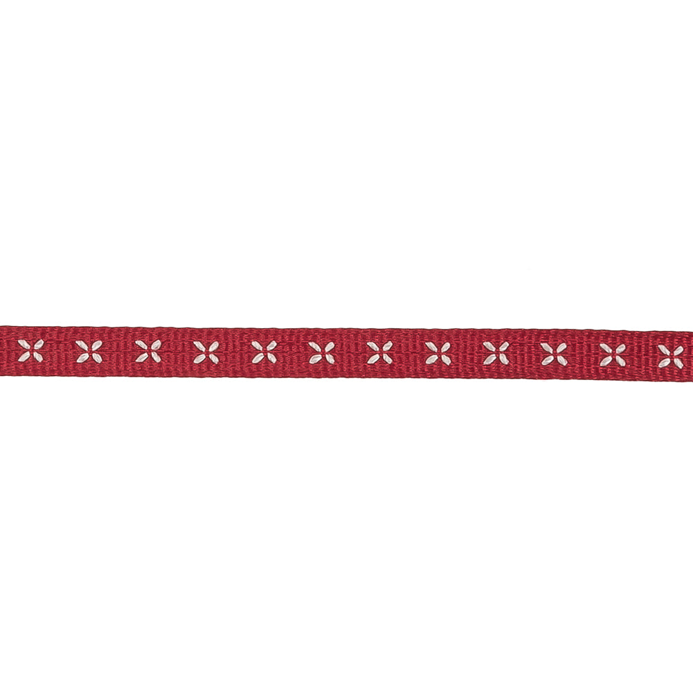 Wine Grosgrain Ribbon with Blanc de Blanc Stitched Flowers - 0.25" Detail