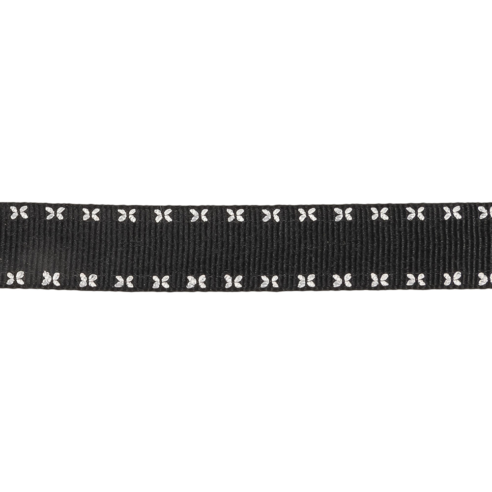 Black Onyx Grosgrain Ribbon with Blanc de Blanc Stitched Floral Borders - 0.625" Detail