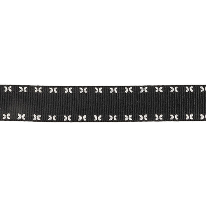Black Onyx Grosgrain Ribbon with Blanc de Blanc Stitched Floral Borders - 0.625" Detail