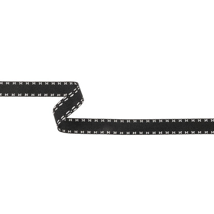 Black Onyx Grosgrain Ribbon with Blanc de Blanc Stitched Floral Borders - 0.625"