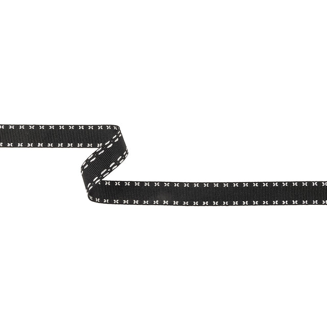 Black Onyx Grosgrain Ribbon with Blanc de Blanc Stitched Floral Borders - 0.625"