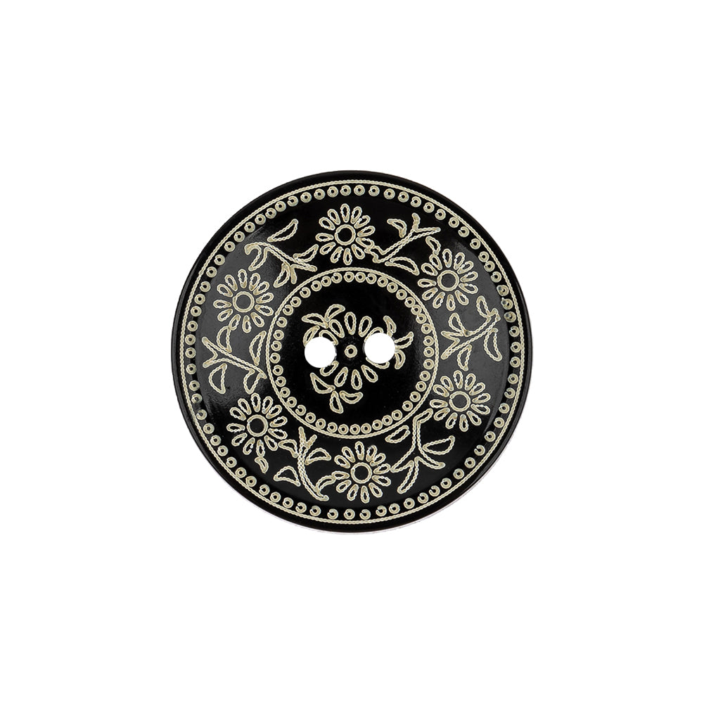 French Ecru and Black Floral Ornate 2-Hole Plastic Button - 34L/21.5mm