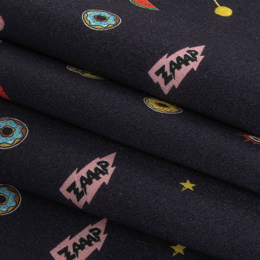 Stretch Cotton Sateen - Navy Pop Icons - Candy & Combat Print - Mood Exclusive Comic Collection Folded
