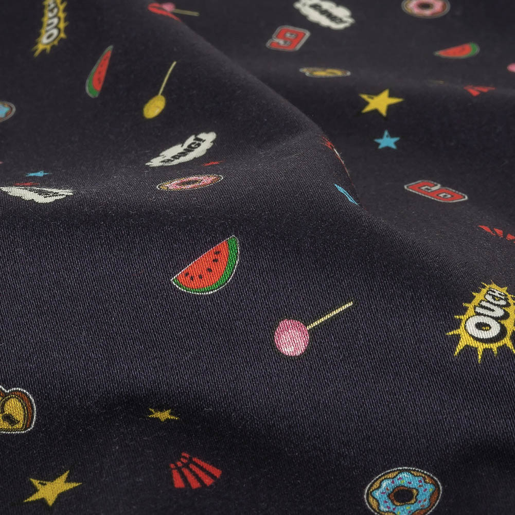 Stretch Cotton Sateen - Navy Pop Icons - Candy & Combat Print - Mood Exclusive Comic Collection Detail