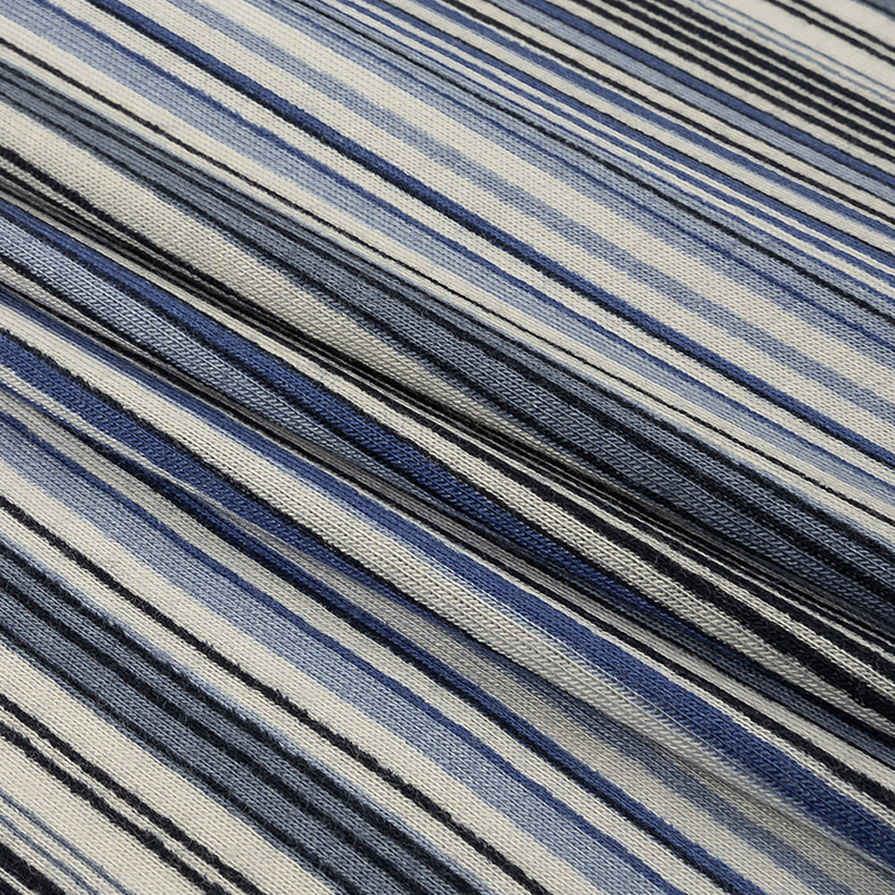 Blue and White Barcode Stripes Stretch Rayon Jersey Folded