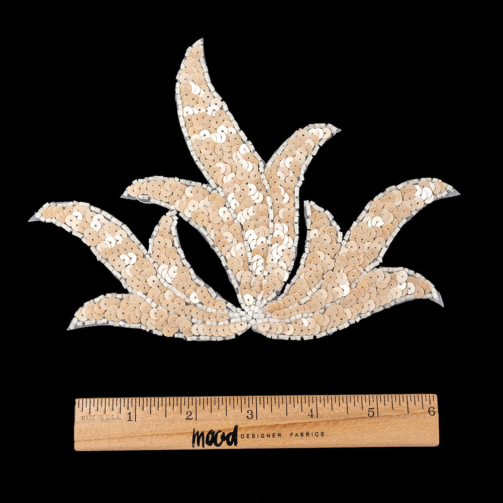 Vintage Peach Bellini Satin Beaded and Sequins Leaf Motif Applique - 5.125" x 7.25" Full