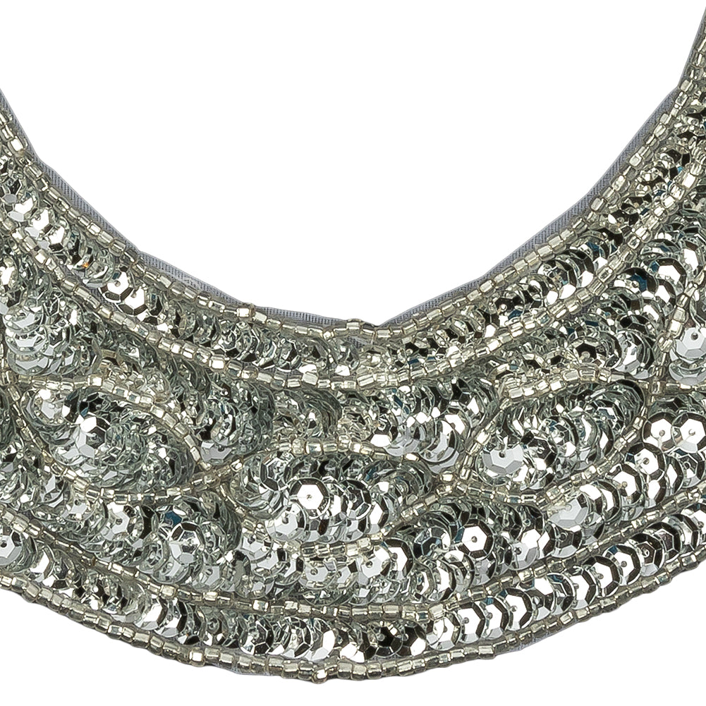Vintage Metallic Silver Sequined and Beaded Collar Applique - 9.75" X 9.25" Detail