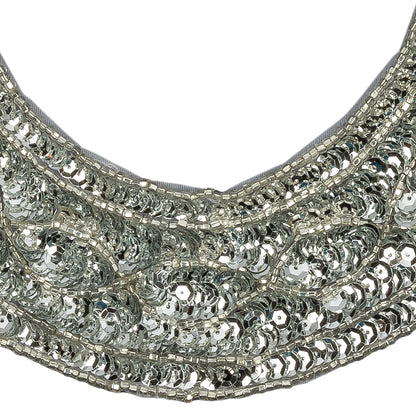 Vintage Metallic Silver Sequined and Beaded Collar Applique - 9.75" X 9.25" Detail