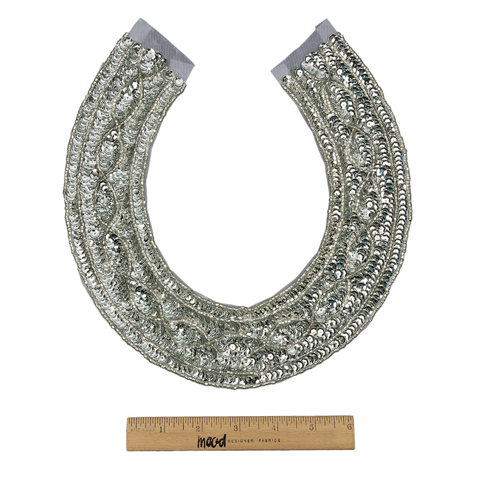 Vintage Metallic Silver Sequined and Beaded Collar Applique - 9.75" X 9.25" Full