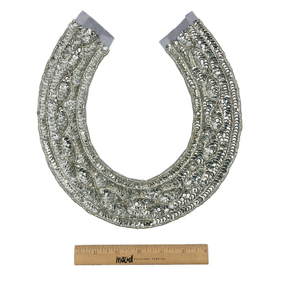 Vintage Metallic Silver Sequined and Beaded Collar Applique - 9.75" X 9.25" Full