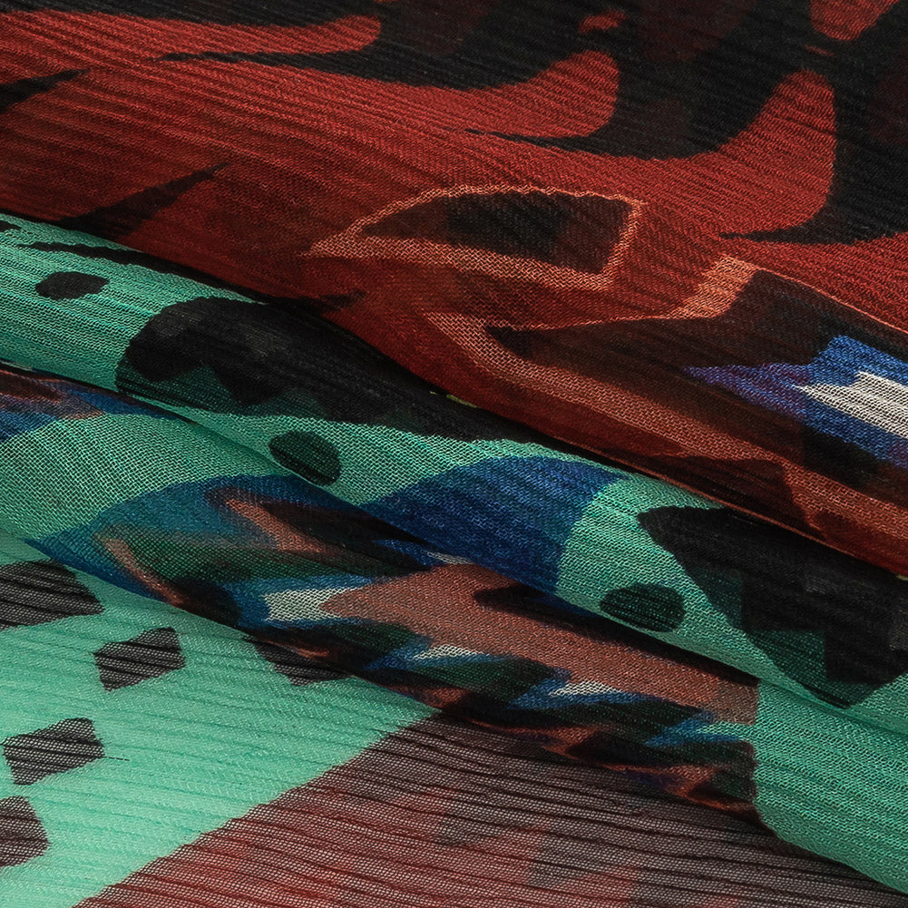 Red, Aqua and Green Geometric Stripes Crinkled Silk Chiffon Folded