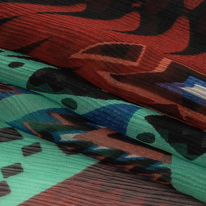 Red, Aqua and Green Geometric Stripes Crinkled Silk Chiffon Folded