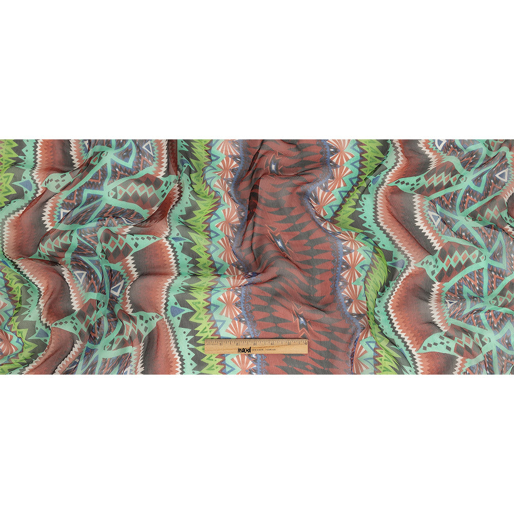 Red, Aqua and Green Geometric Stripes Crinkled Silk Chiffon Full