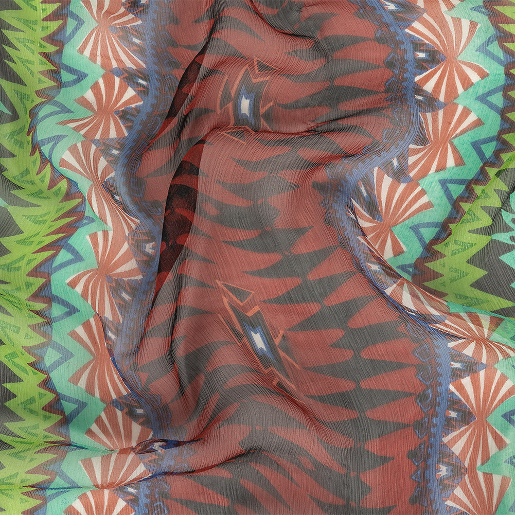Red, Aqua and Green Geometric Stripes Crinkled Silk Chiffon