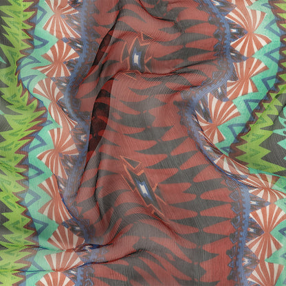 Red, Aqua and Green Geometric Stripes Crinkled Silk Chiffon