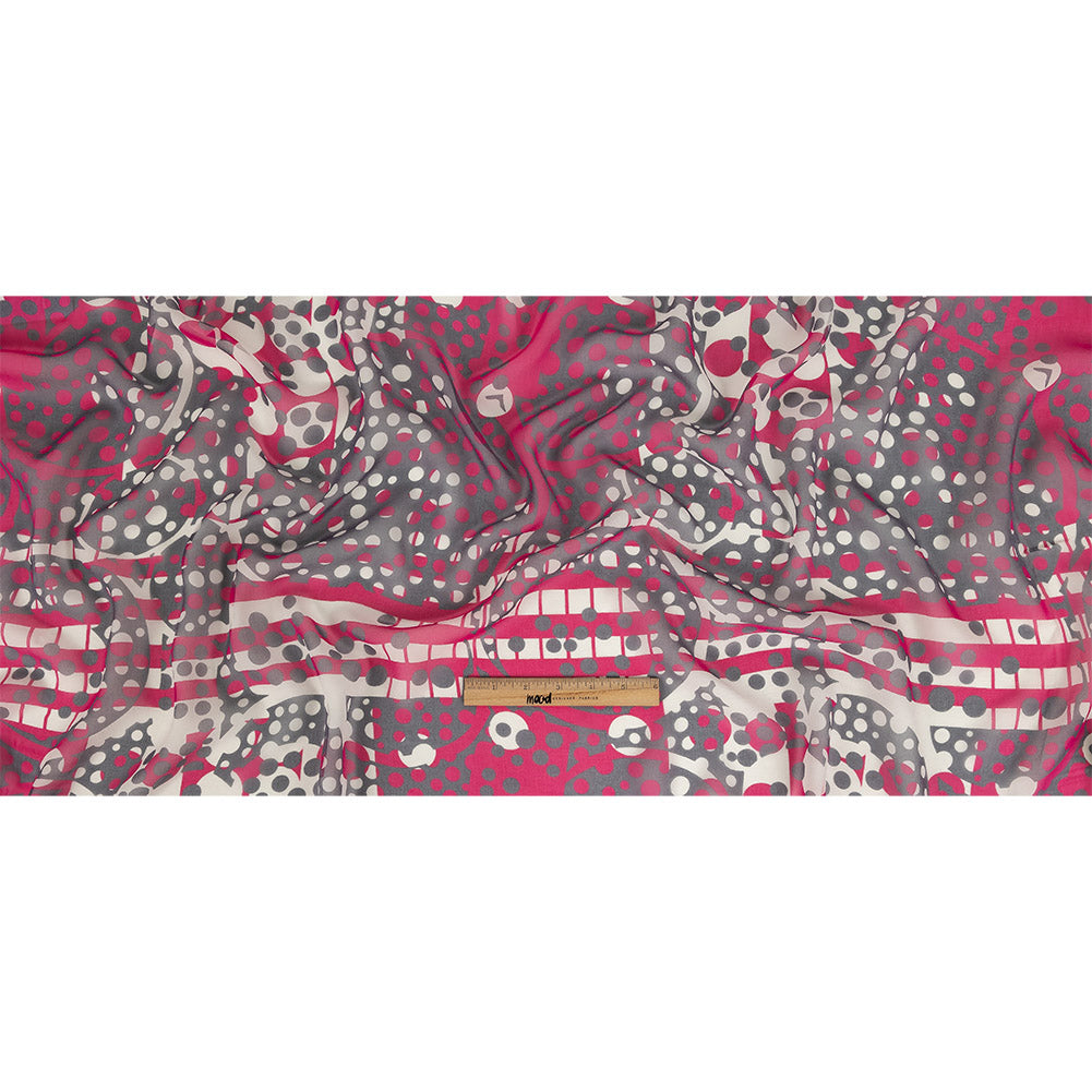 Fuchsia, Gray and White Circles and Stripes Silk Chiffon Full