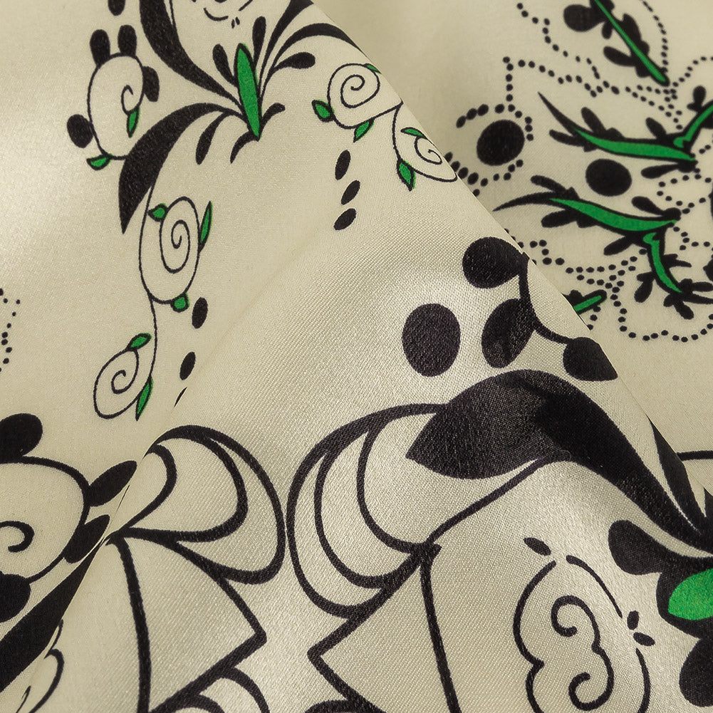Green, Deep Well and White Floral Silk Charmeuse Detail