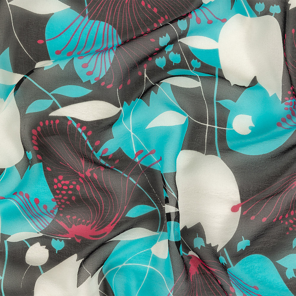 Turquoise, Black and Pink Tulips Silk Chiffon