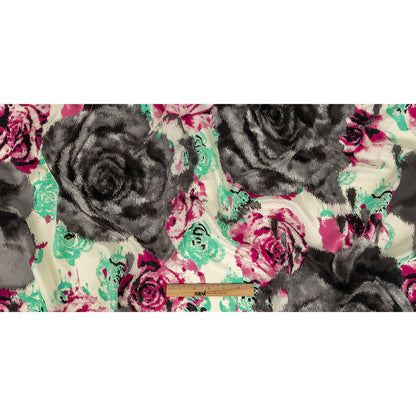 Pink, Electric Green and Flannel Gray Painterly Roses Silk Crepe de Chine Folded