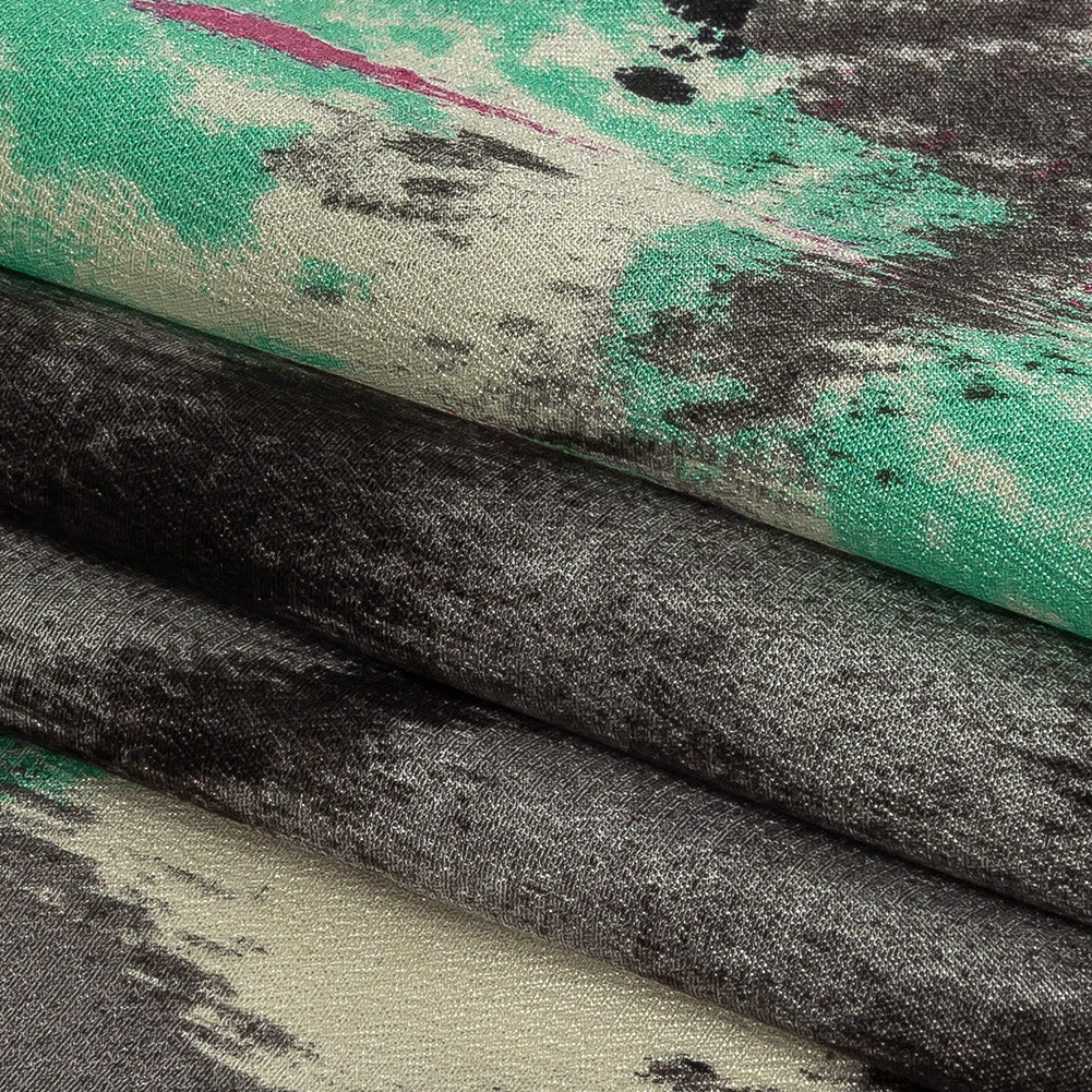 Pink, Electric Green and Flannel Gray Painterly Roses Silk Crepe de Chine Detail