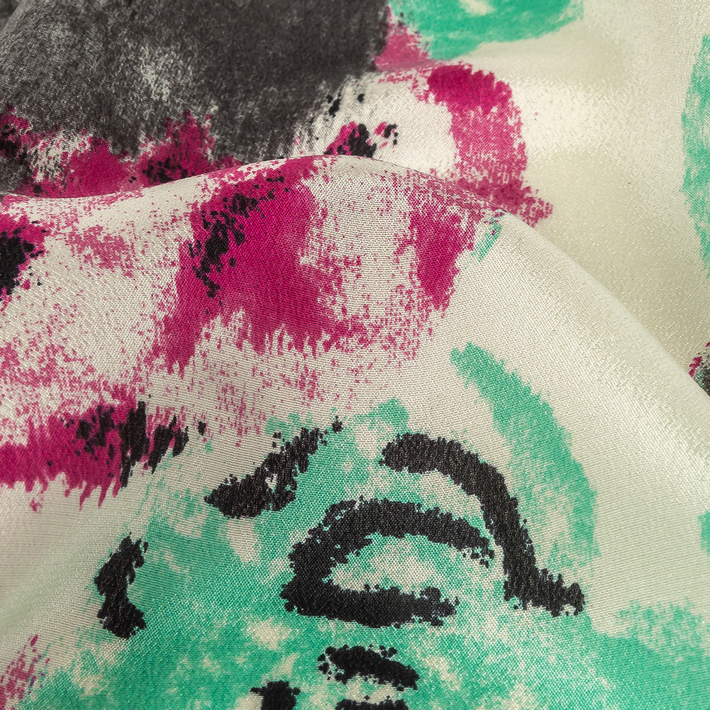 Pink, Electric Green and Flannel Gray Painterly Roses Silk Crepe de Chine Full