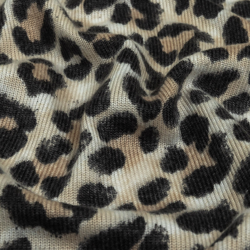 White, Tan and Forged Iron Cheetah Print Stretch Polyester Sweater Knit Detail