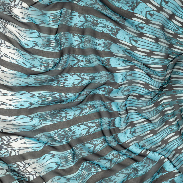 Navy, Sky Blue and White Fans Silk Chiffon