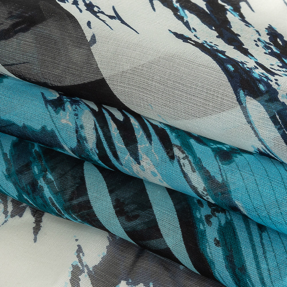 Navy, Sky Blue and White Fans Silk Chiffon