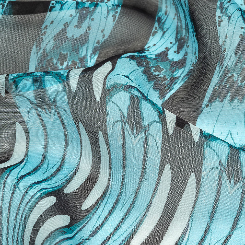 Navy, Sky Blue and White Fans Silk Chiffon
