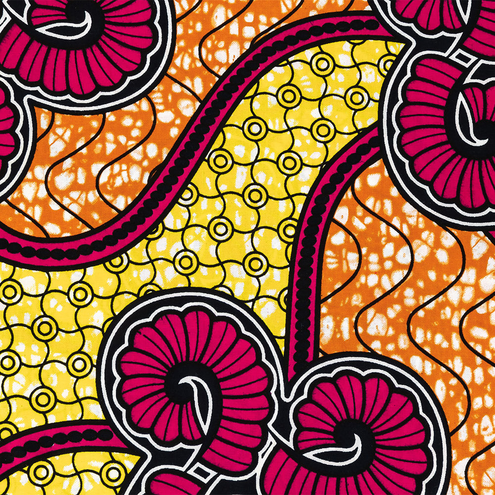 Pink, Lemon and Orange Spirals and Abstract Cotton Supreme Super Wax African Print Folded