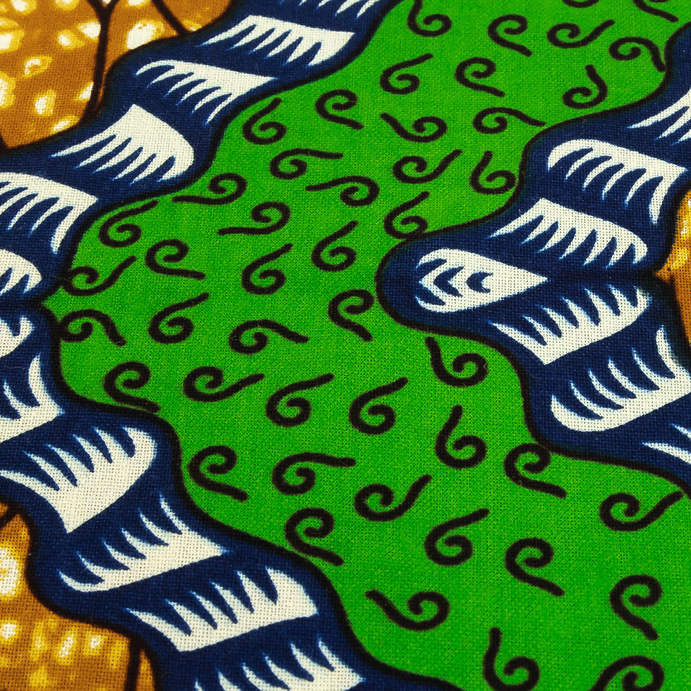 Green, Estate Blue and Tan Wavy Zig Zags Cotton Supreme Wax African Print Detail