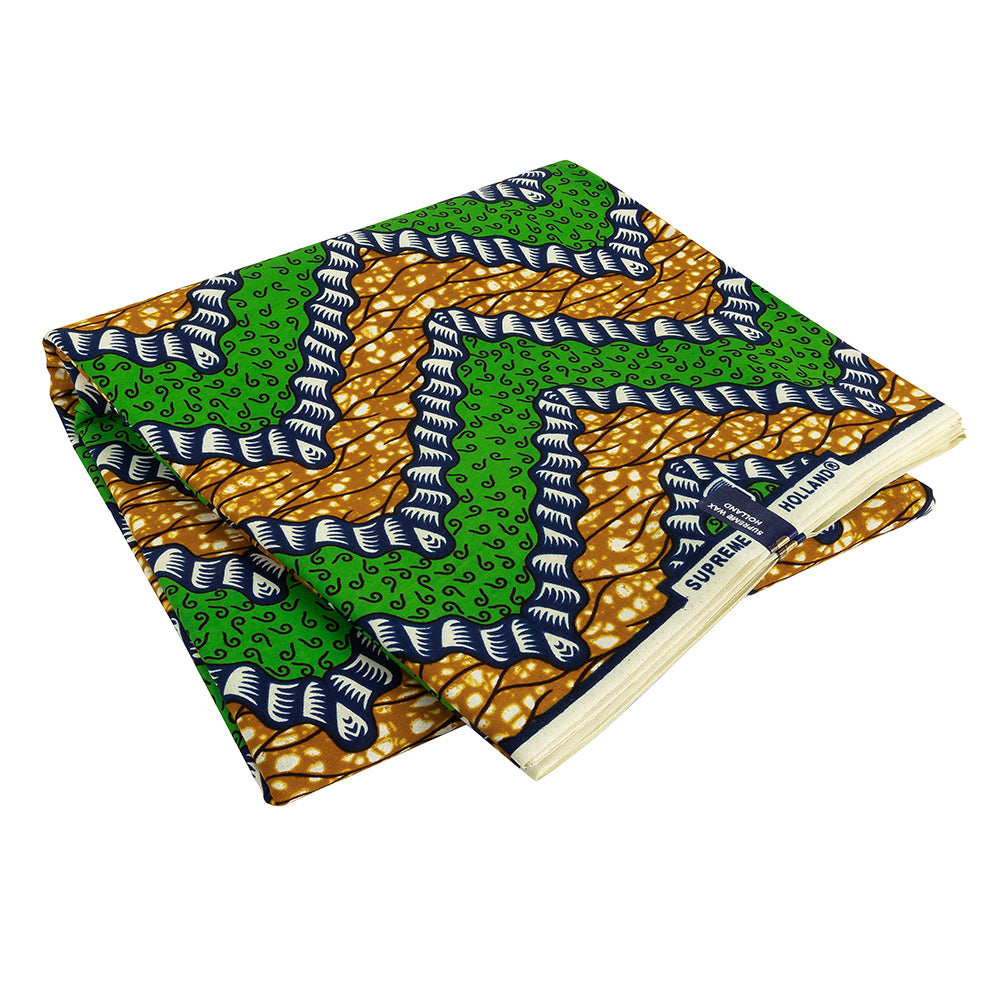 Green, Estate Blue and Tan Wavy Zig Zags Cotton Supreme Wax African Print