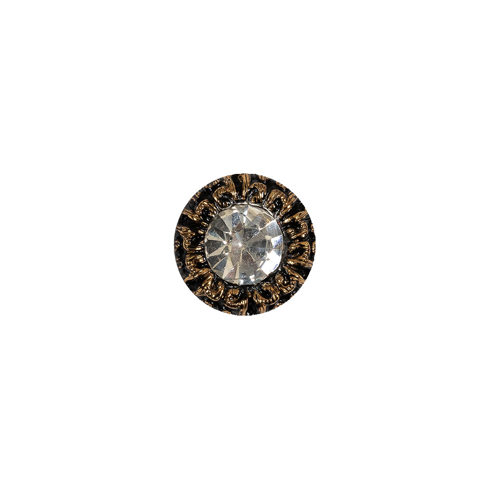 Vintage Antique Gold and Black Classical Shank Back Glass Button with Rhinestone Core - 17L/10.5mm