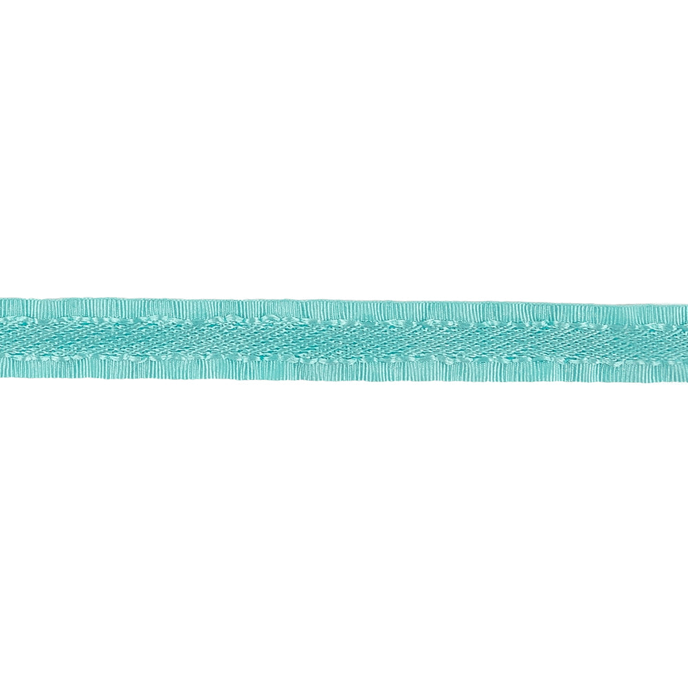 Turquoise Twill Ribbon with Ruffled Grosgrain Borders - 0.375" Detail