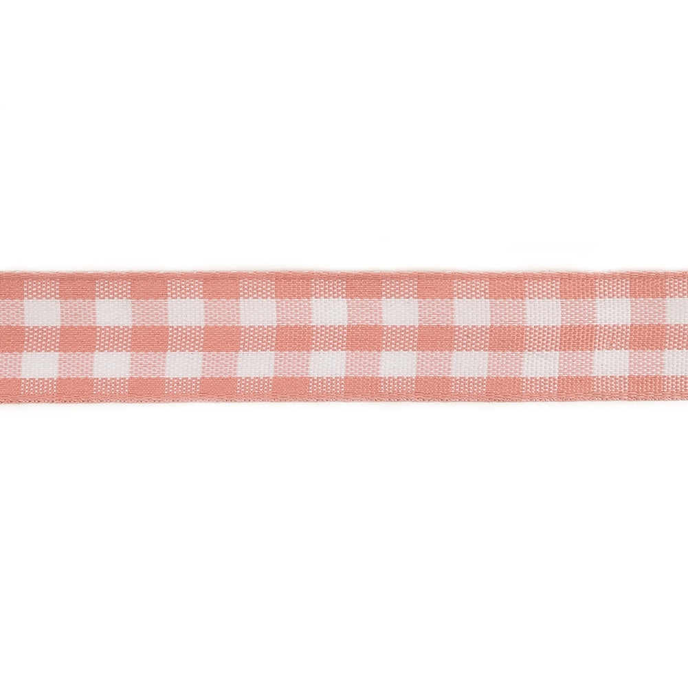 Rose and Bright White Gingham Woven Ribbon - 0.625" Detail